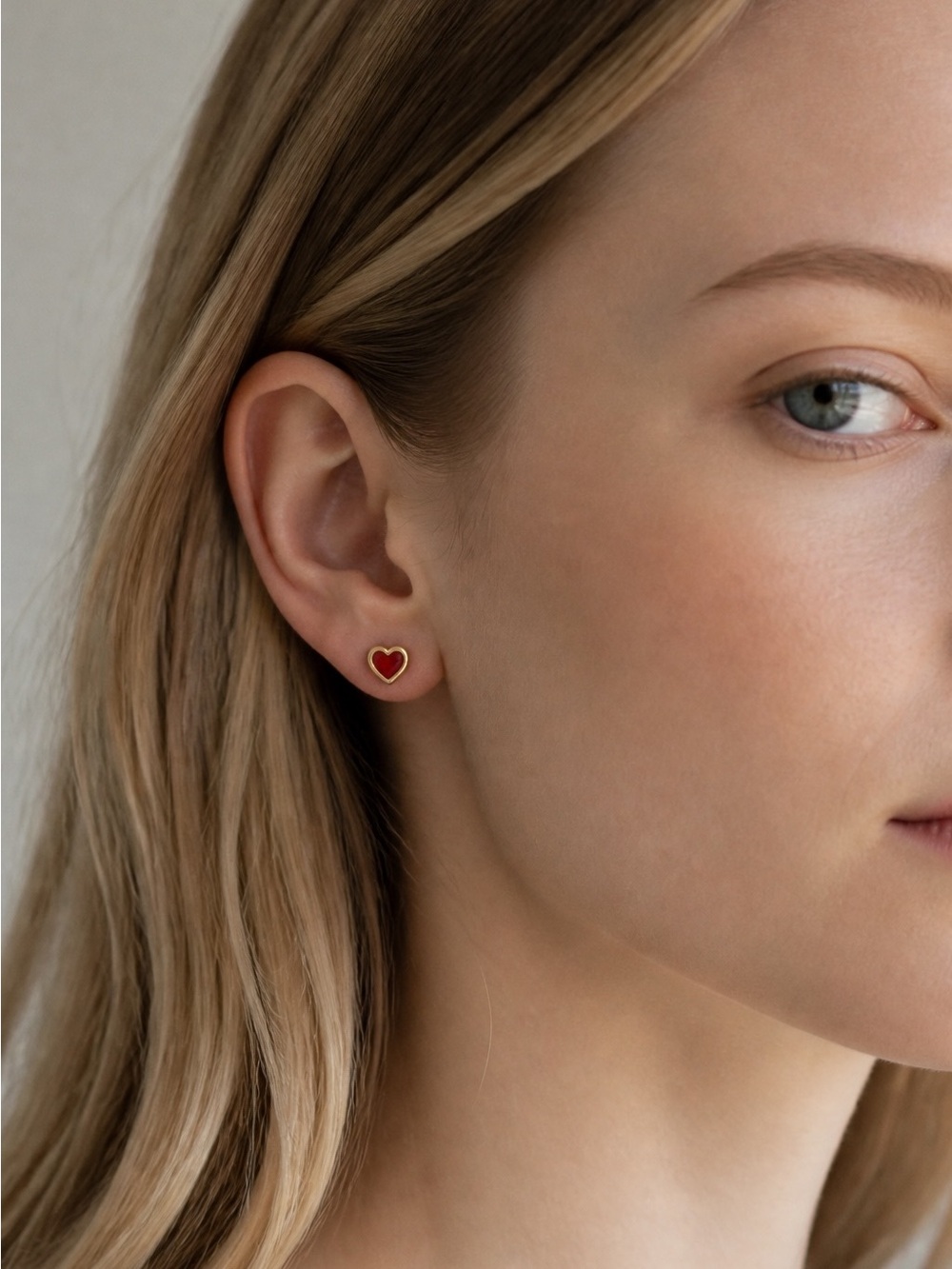 Gold Heart Stud Earrings with Red Enamel - Women's Jewelry